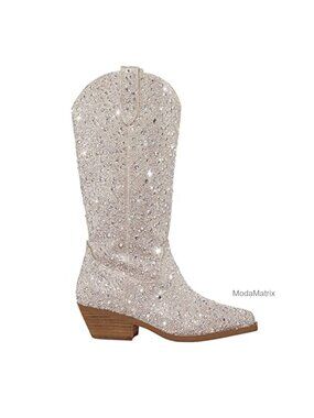 Rhinestone Cowboy Boots Sparkly Knee High Pointed Toe Block Heel